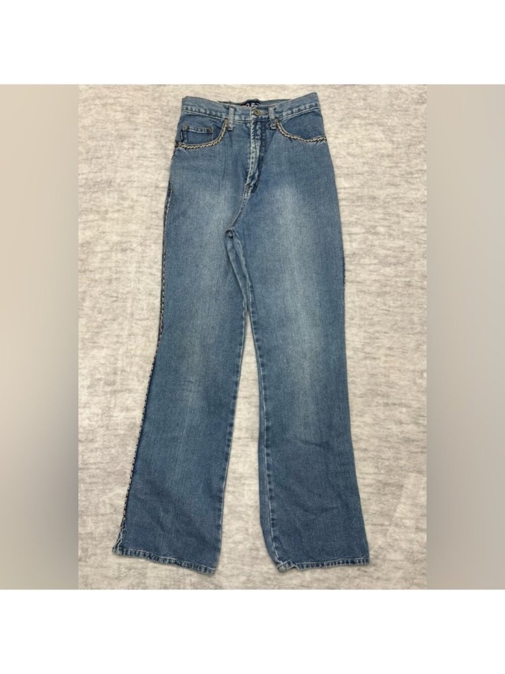 Vintage Jeans Y2K Braided Trim Straight Leg Denim Blue